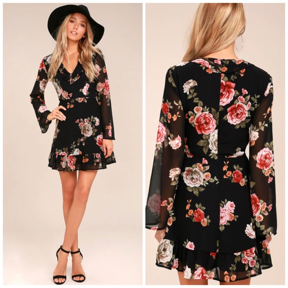 Lulus  Black Floral Print Long Sleeve Dress